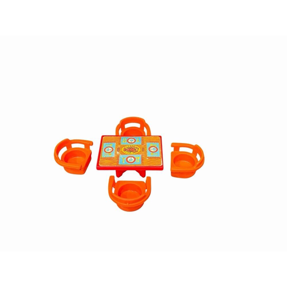 Vintage Fisher Price Little People Red Picnic Table W/4 Orange Captain Chairs